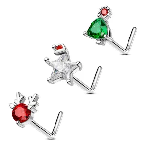 20G 3PCS L-Shaped Christmas Deer/Star/Tree Nose Studs Pack