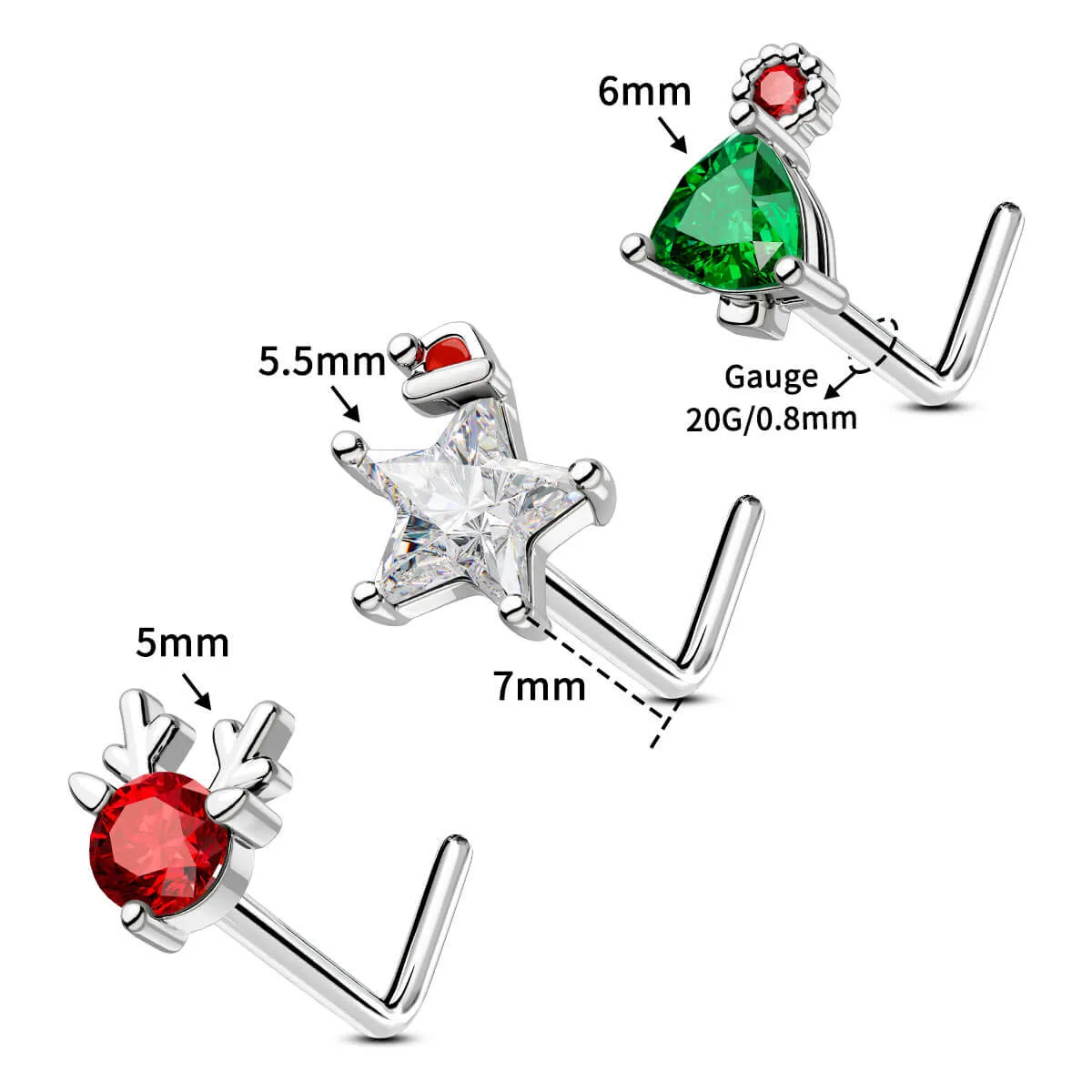 20G 3PCS L-Shaped Christmas Deer/Star/Tree Nose Studs Pack