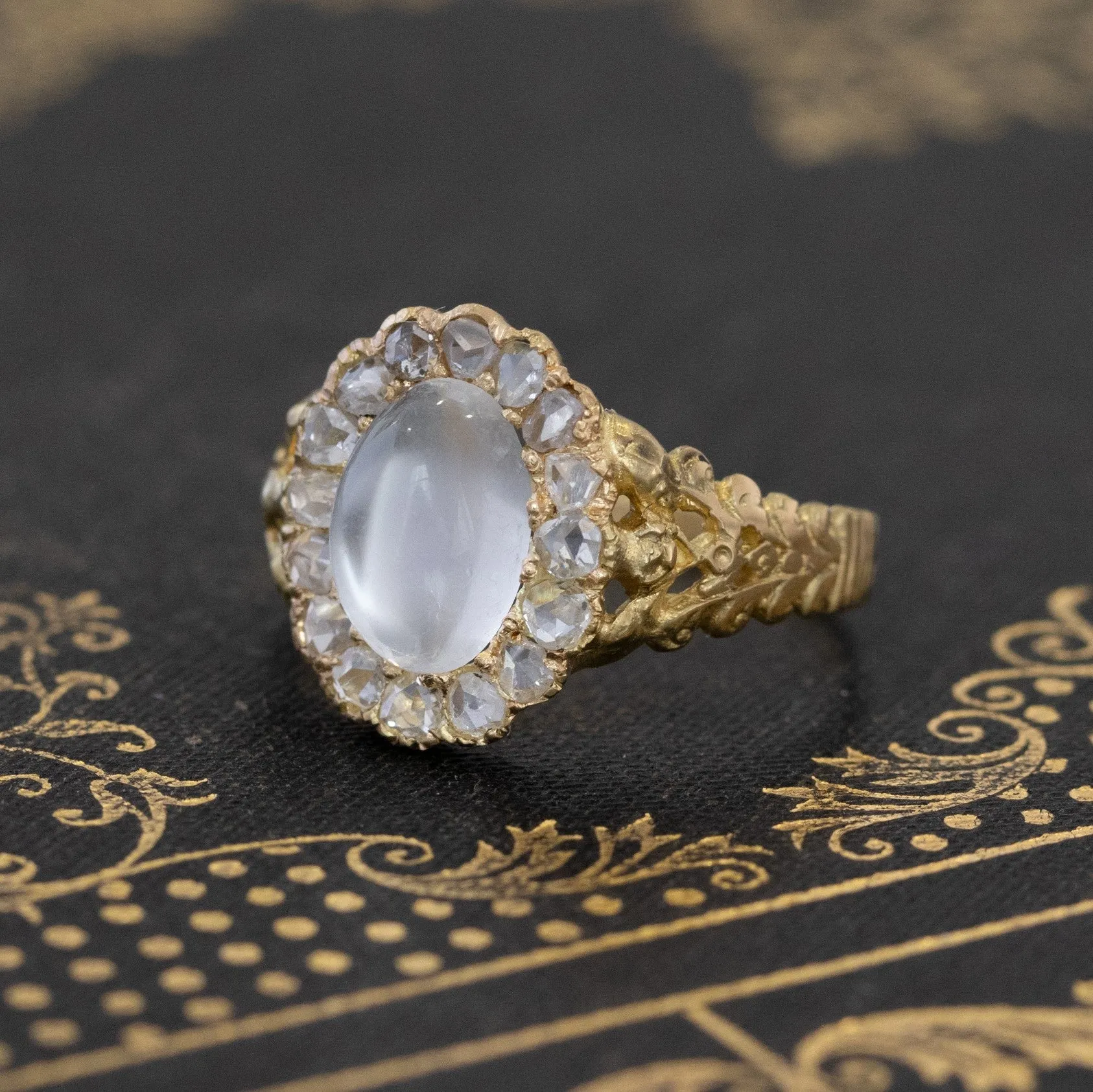 2.12ctw Moonstone & Diamond Rose Cut Halo Ring