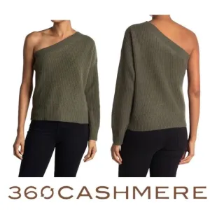 360 CASHMERE Lena One-Shoulder‎ 100% Cashmere Sweater in Olive Size Small NWT