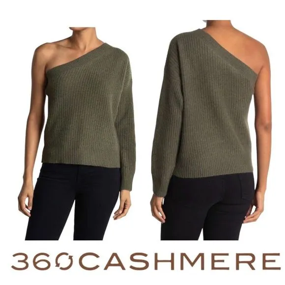 360 CASHMERE Lena One-Shoulder‎ 100% Cashmere Sweater in Olive Size Small NWT