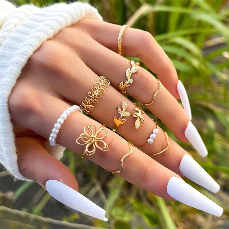 5Pcs/10Pcs Imitation Pearl Leaf Flower Rings Set