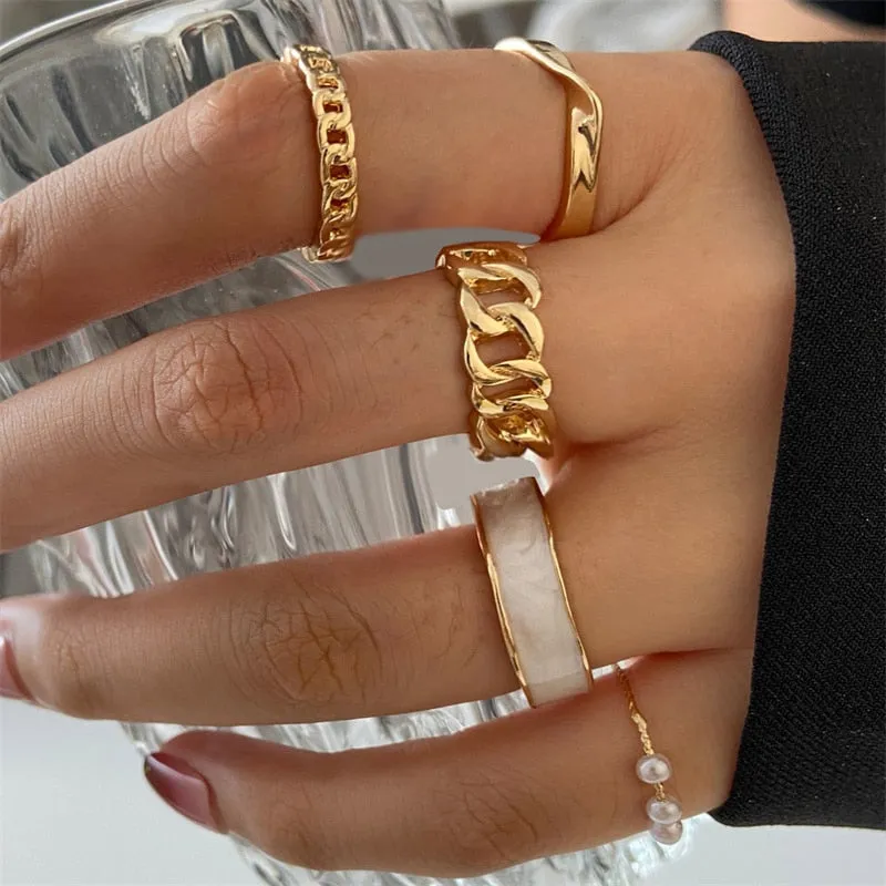 5Pcs/10Pcs Imitation Pearl Leaf Flower Rings Set