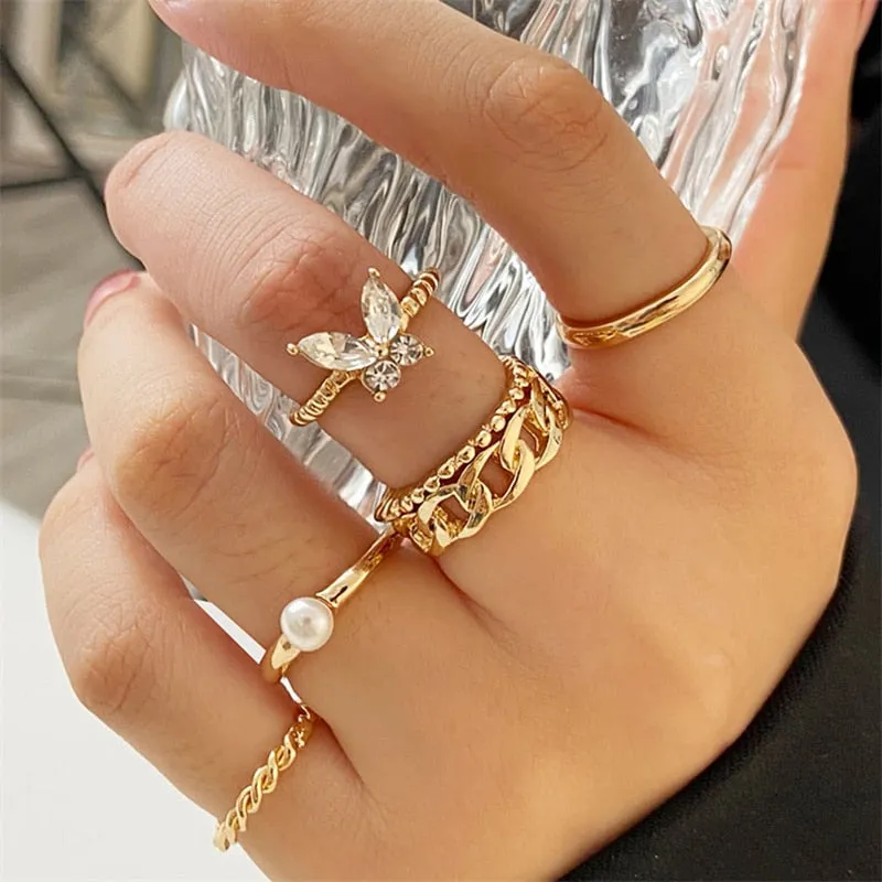 5Pcs/10Pcs Imitation Pearl Leaf Flower Rings Set
