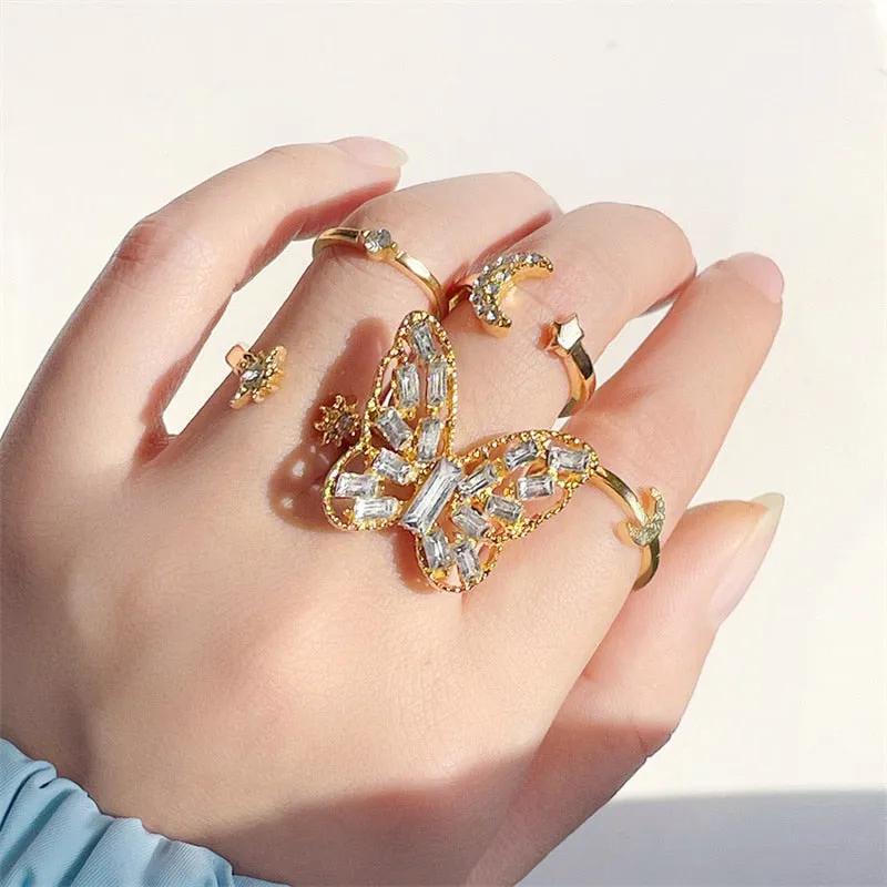 5Pcs/10Pcs Imitation Pearl Leaf Flower Rings Set