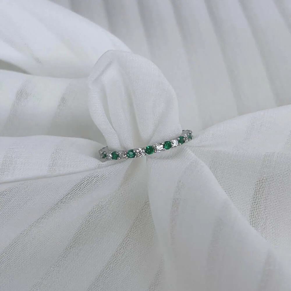 925 Silver Full Ring Emerald  White CZ Diamond
