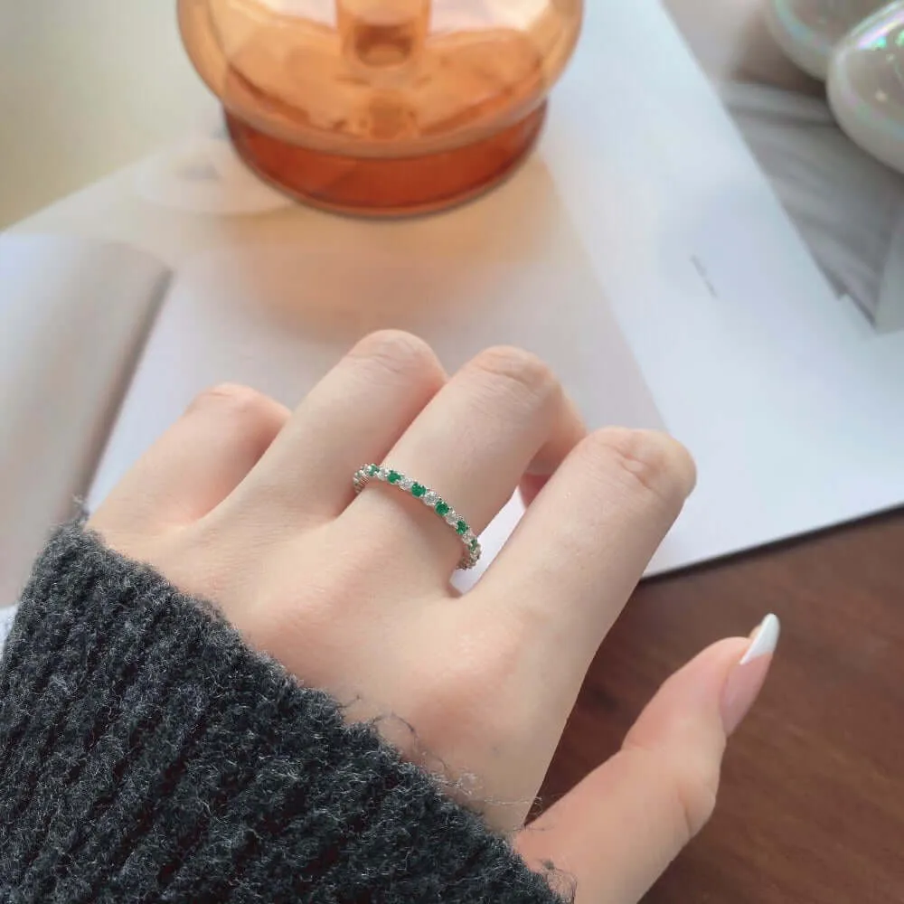 925 Silver Full Ring Emerald  White CZ Diamond