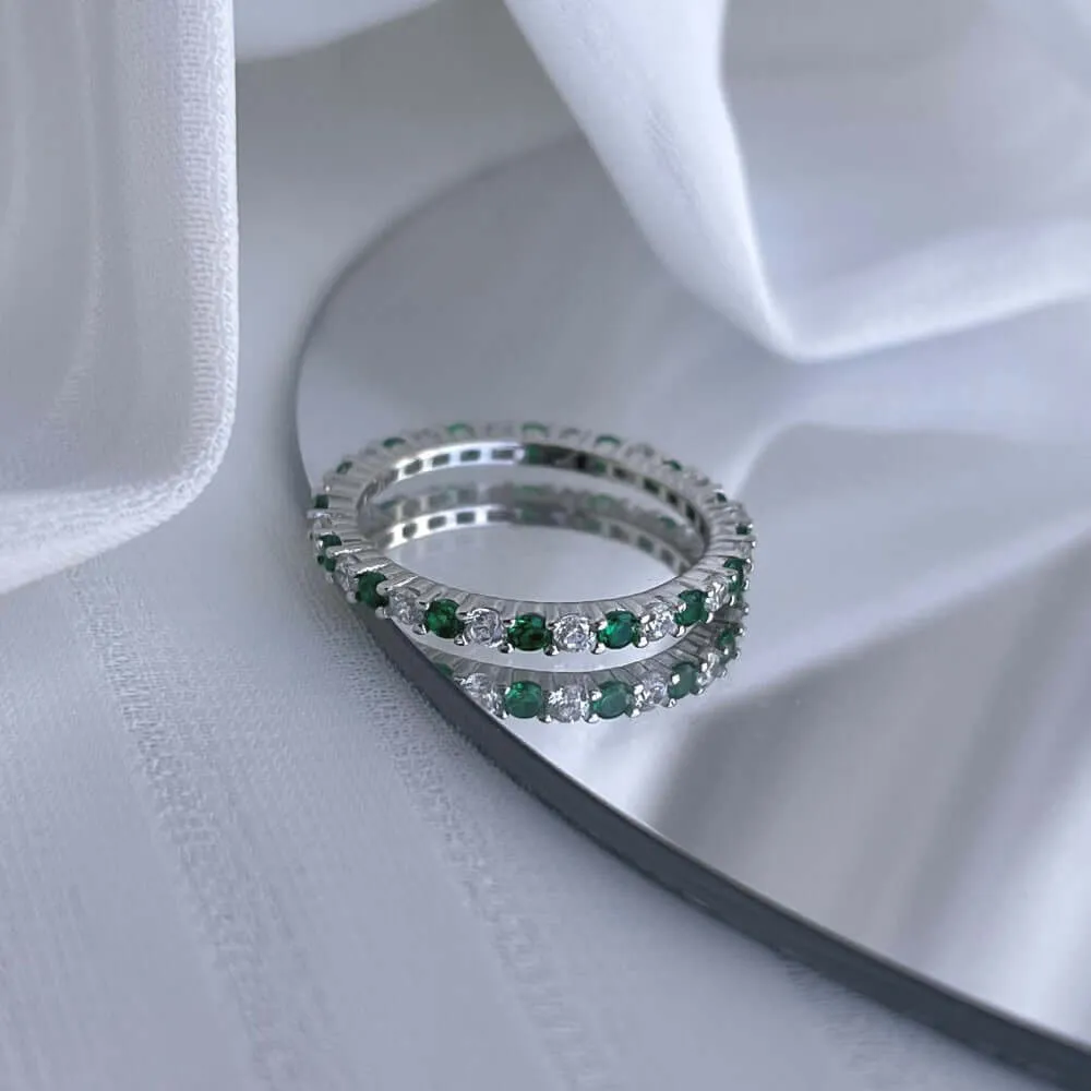 925 Silver Full Ring Emerald  White CZ Diamond