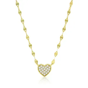 925 Sterling Silver Mirror Link Pave Heart Minimalist Necklace