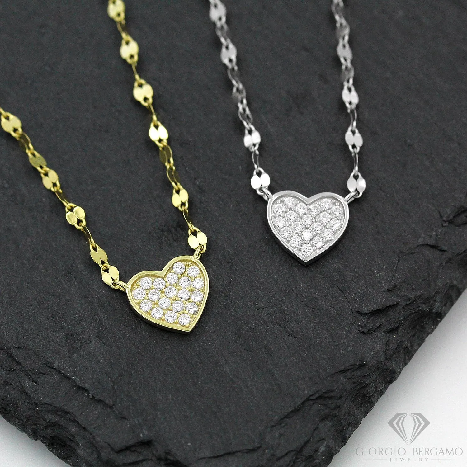 925 Sterling Silver Mirror Link Pave Heart Minimalist Necklace