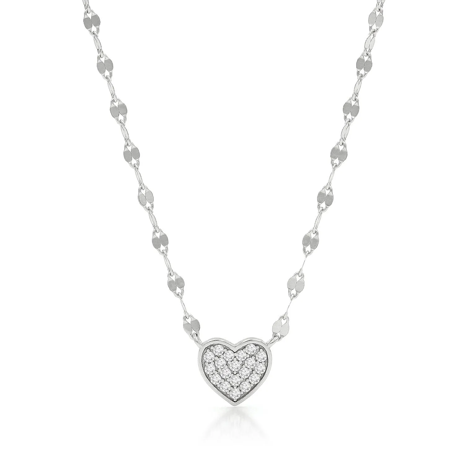 925 Sterling Silver Mirror Link Pave Heart Minimalist Necklace