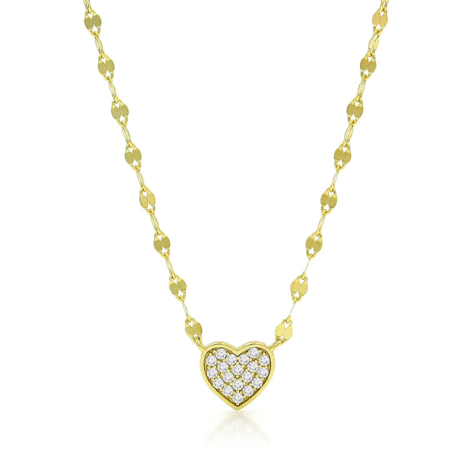 925 Sterling Silver Mirror Link Pave Heart Minimalist Necklace