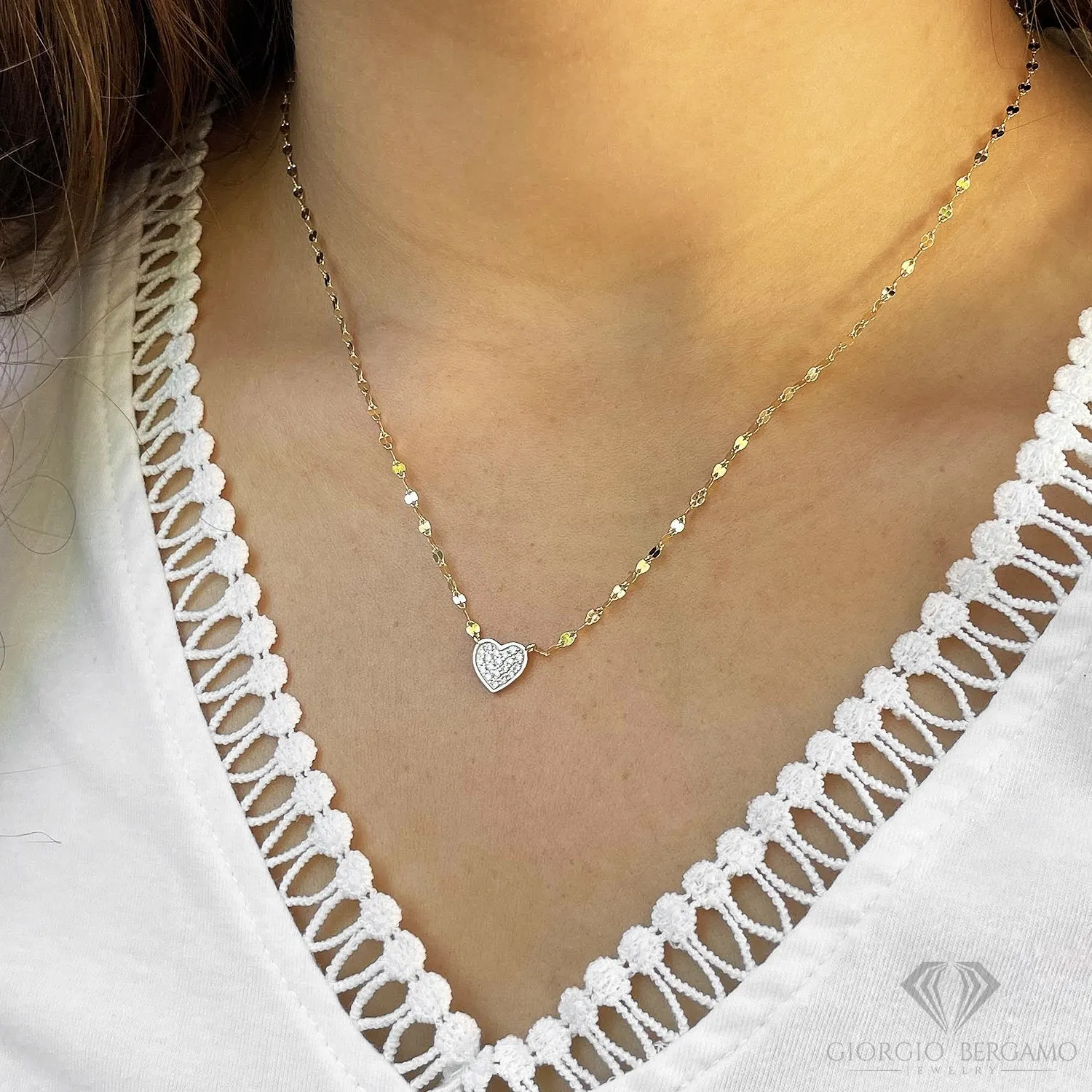 925 Sterling Silver Mirror Link Pave Heart Minimalist Necklace