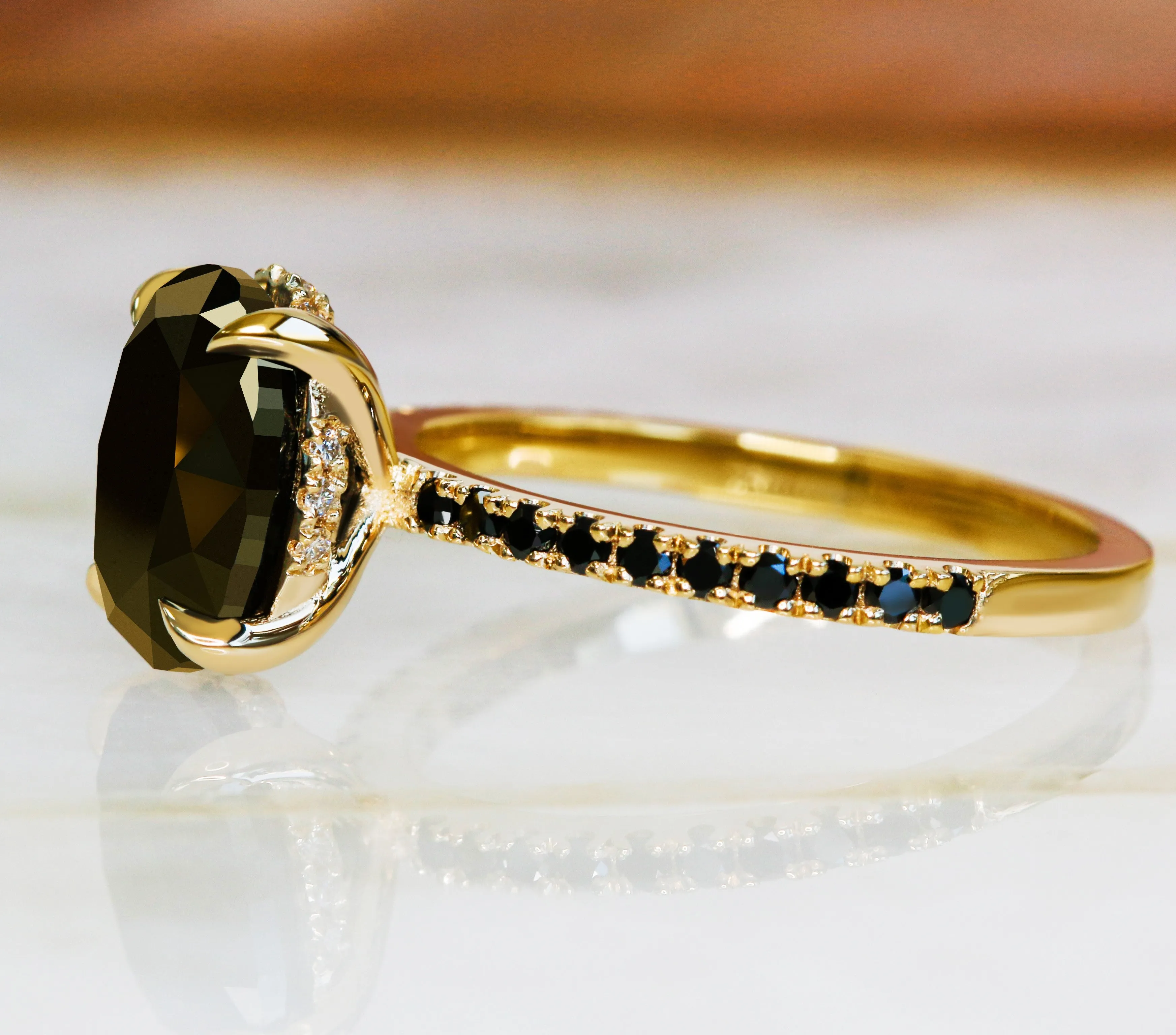 Alma Oscura  Black & White Natural Black Diamond Oval Cut Engagement Ring