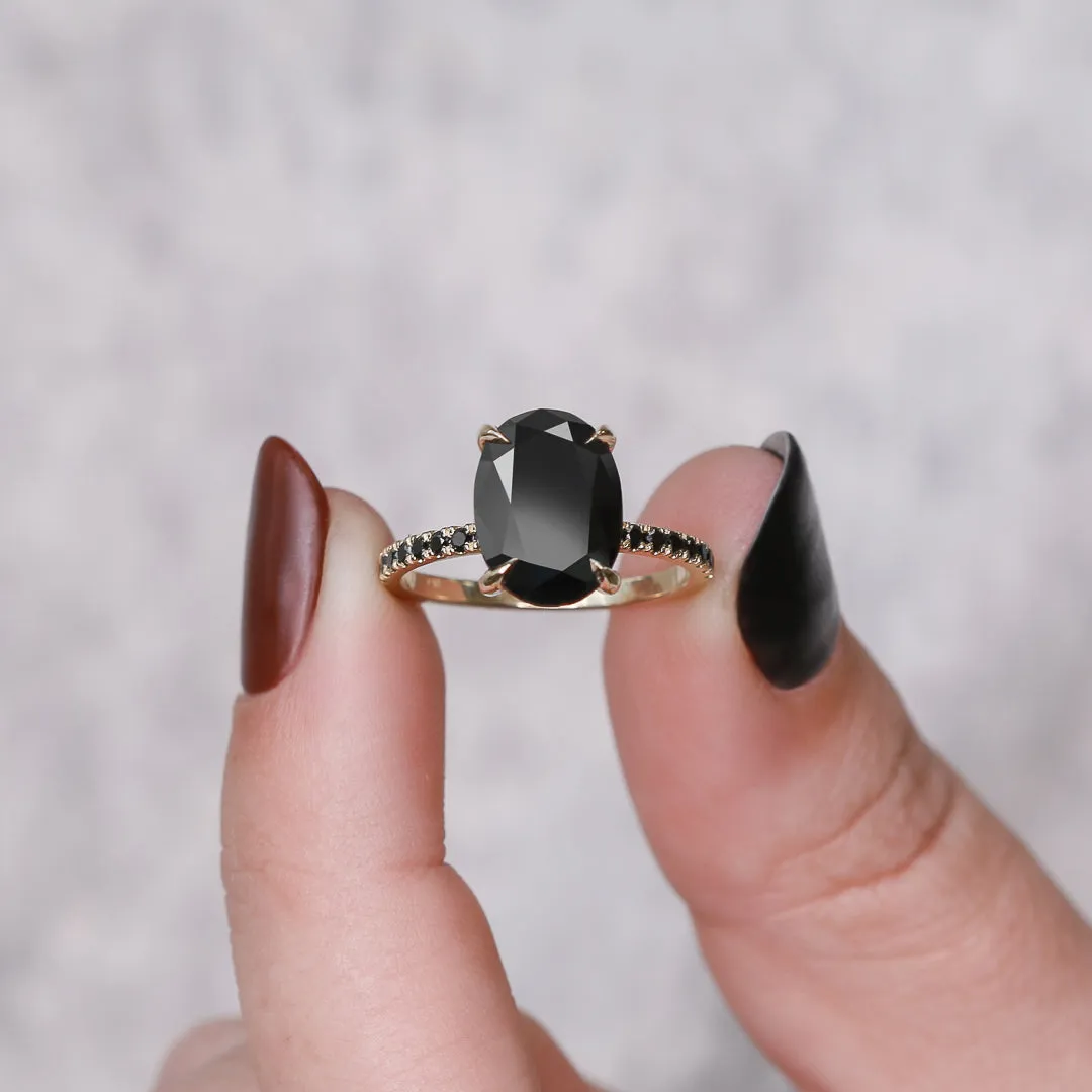 Alma Oscura  Black & White Natural Black Diamond Oval Cut Engagement Ring