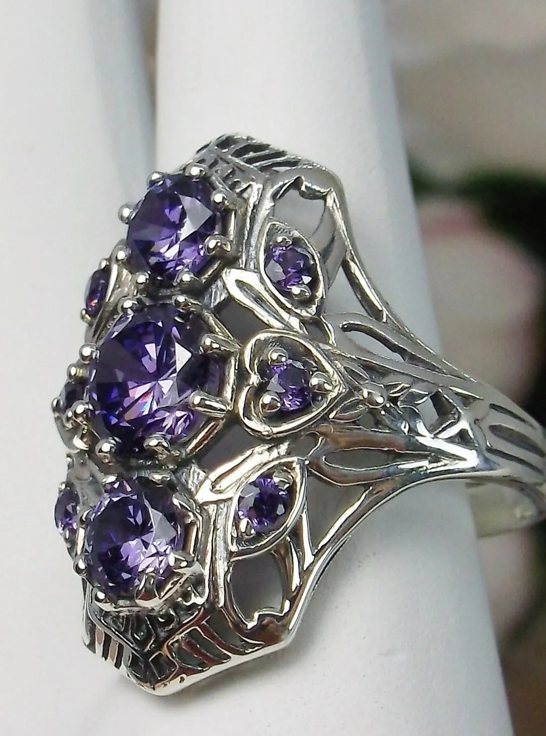 Amethyst 9-Gem Ring, Vintage Art Deco style Jewelry, D69