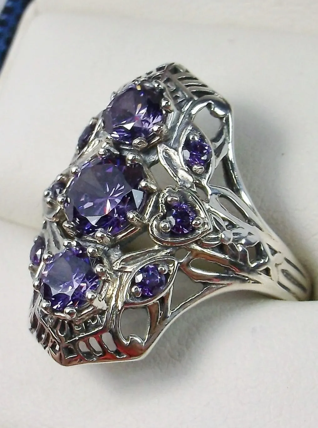 Amethyst 9-Gem Ring, Vintage Art Deco style Jewelry, D69