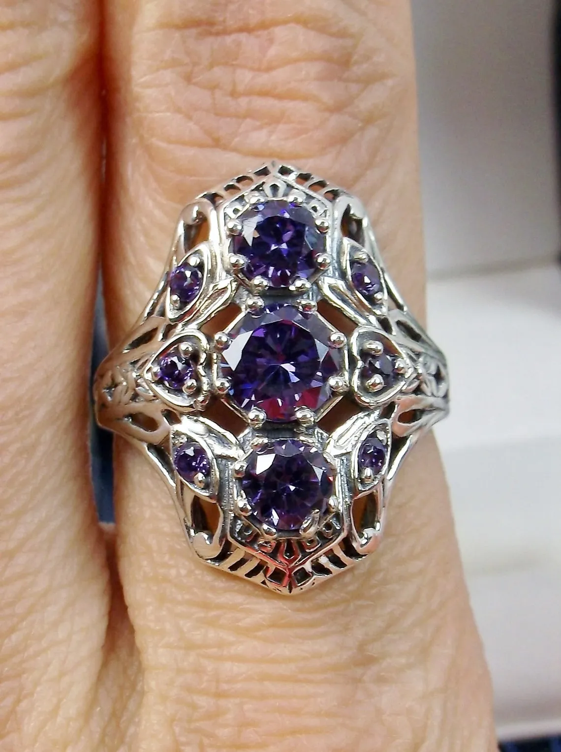 Amethyst 9-Gem Ring, Vintage Art Deco style Jewelry, D69