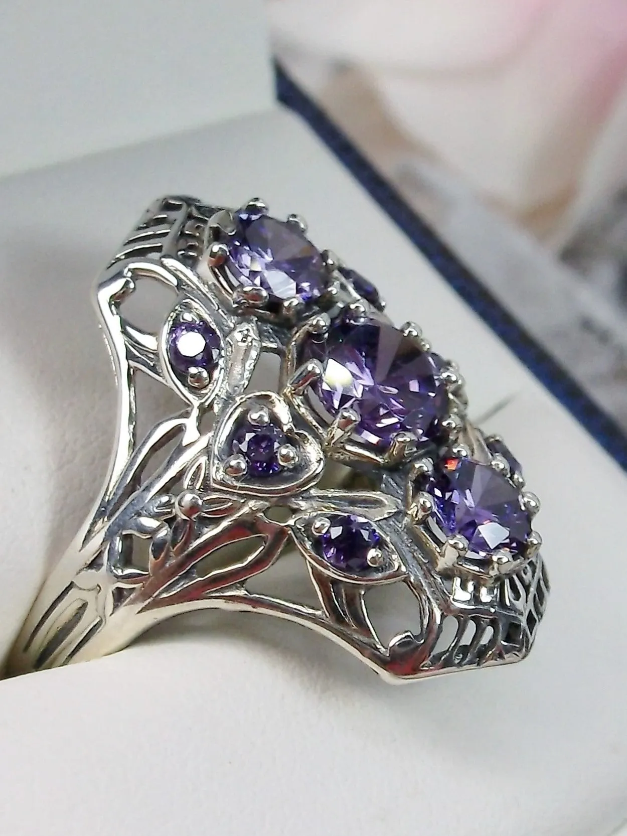 Amethyst 9-Gem Ring, Vintage Art Deco style Jewelry, D69