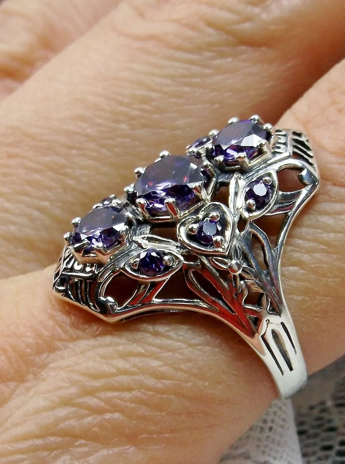 Amethyst 9-Gem Ring, Vintage Art Deco style Jewelry, D69