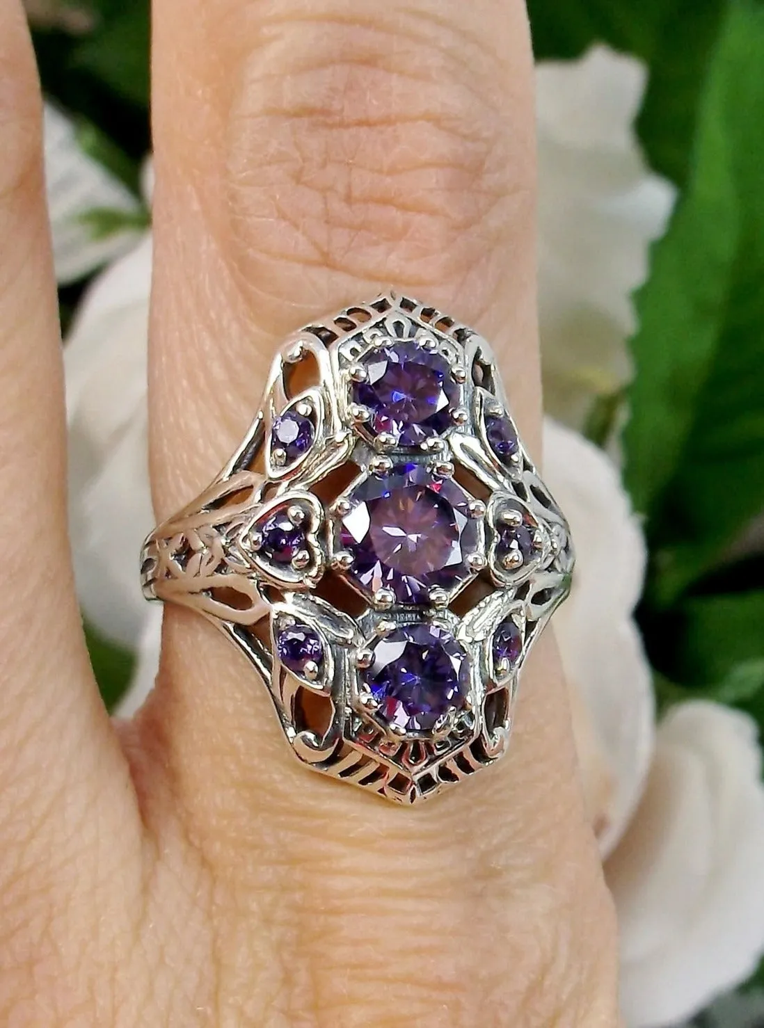 Amethyst 9-Gem Ring, Vintage Art Deco style Jewelry, D69