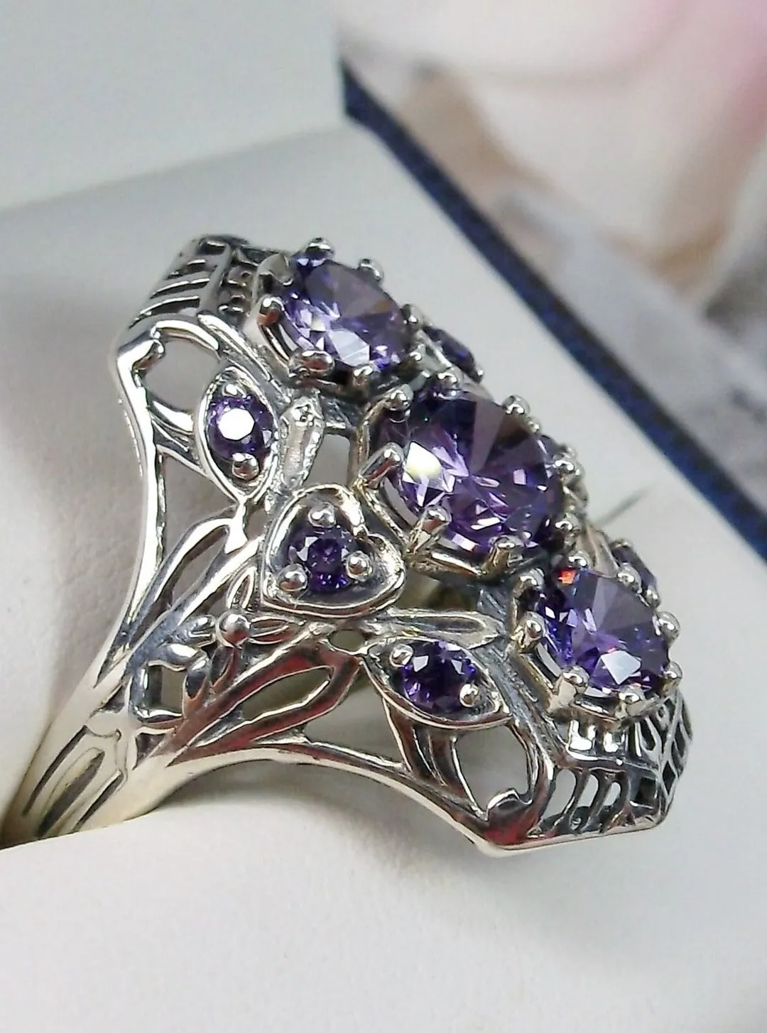 Amethyst 9-Gem Ring, Vintage Art Deco style Jewelry, D69