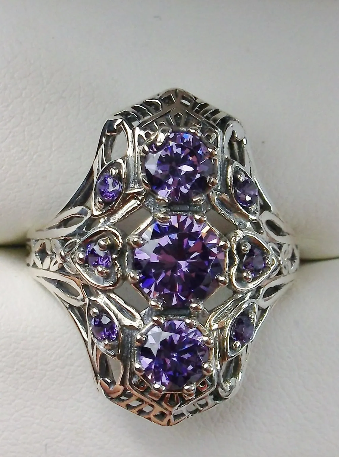 Amethyst 9-Gem Ring, Vintage Art Deco style Jewelry, D69