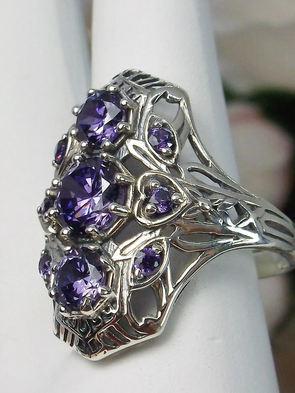Amethyst 9-Gem Ring, Vintage Art Deco style Jewelry, D69