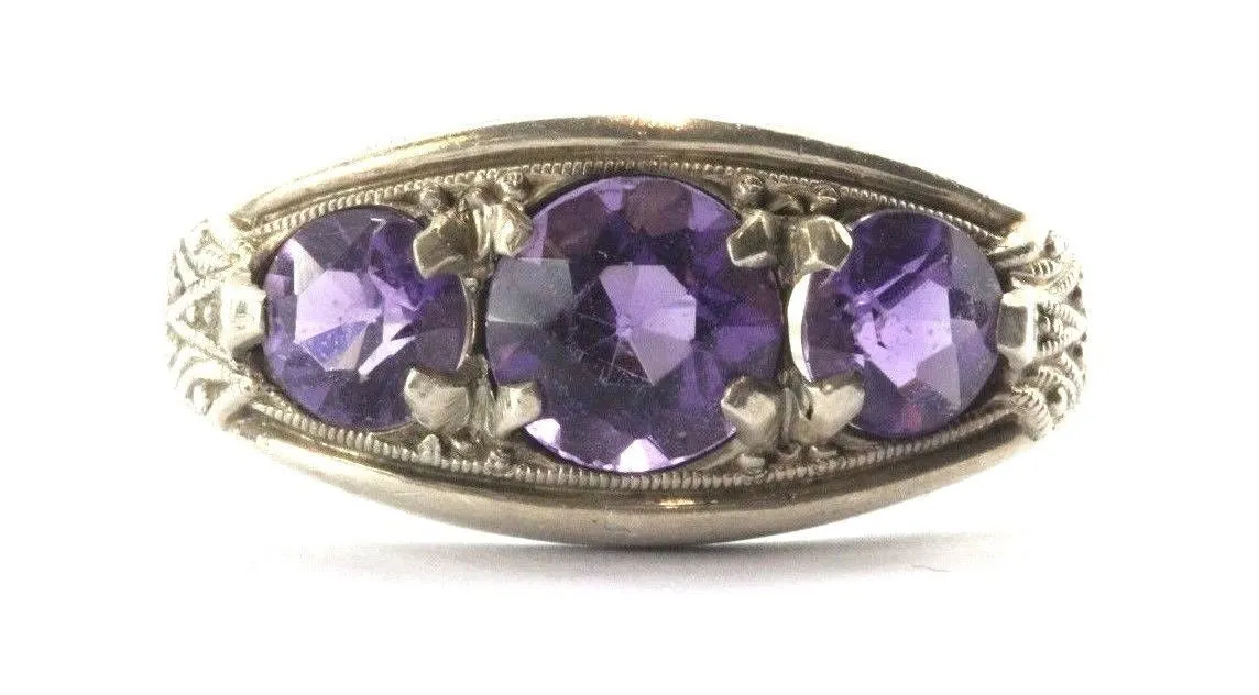 Antique 835 Silver 3 Stone Amethyst Art Deco Ring Germany