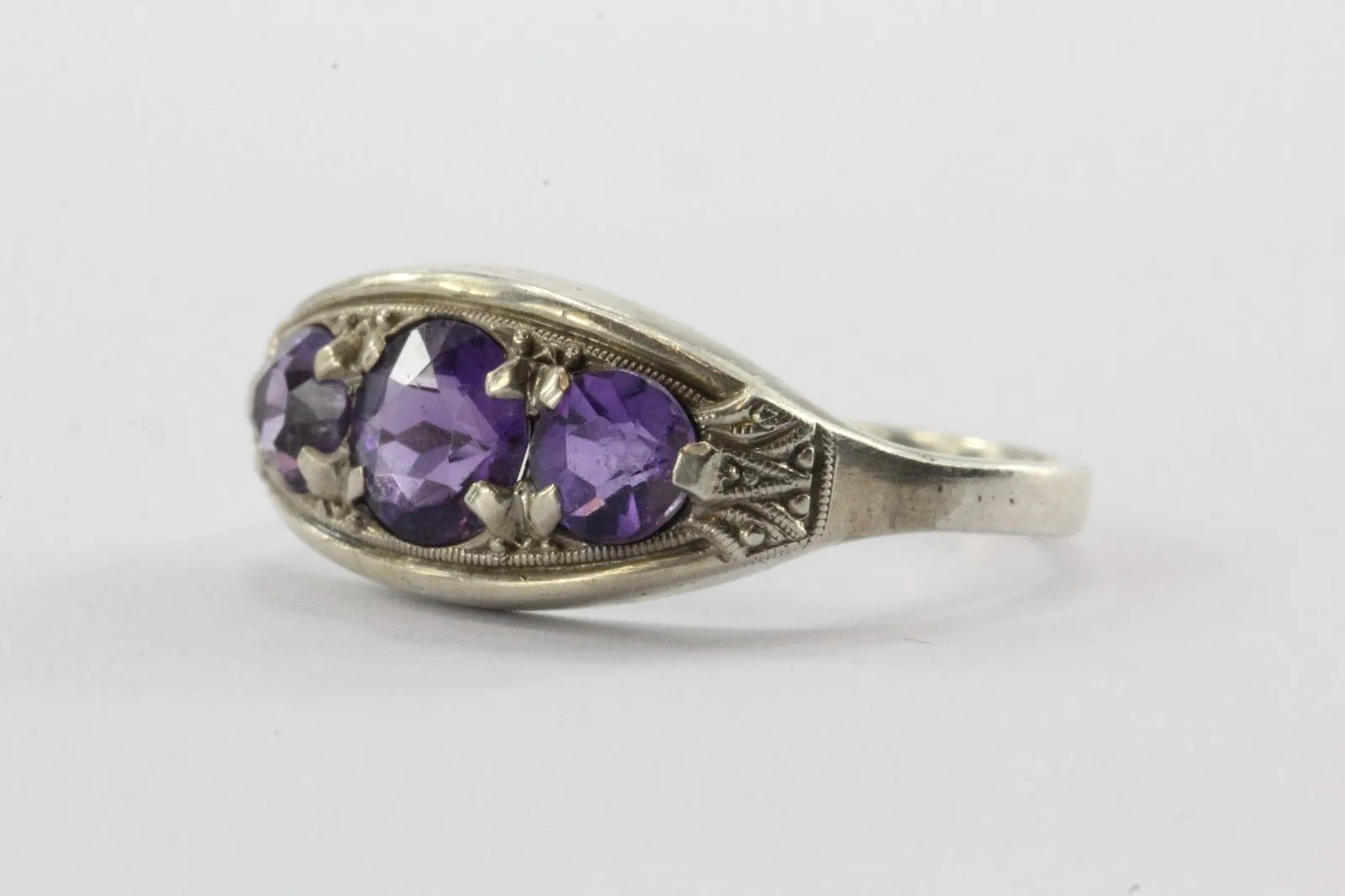 Antique 835 Silver 3 Stone Amethyst Art Deco Ring Germany
