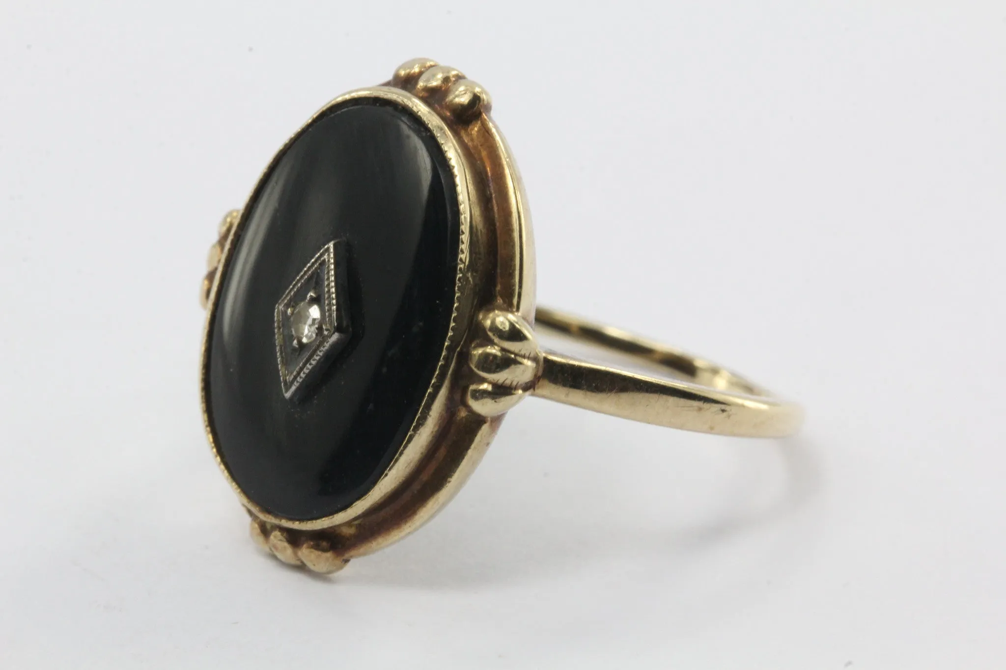 Antique Art Deco 10K Gold Onyx & Single Cut Diamond Ring by Star Ring Co