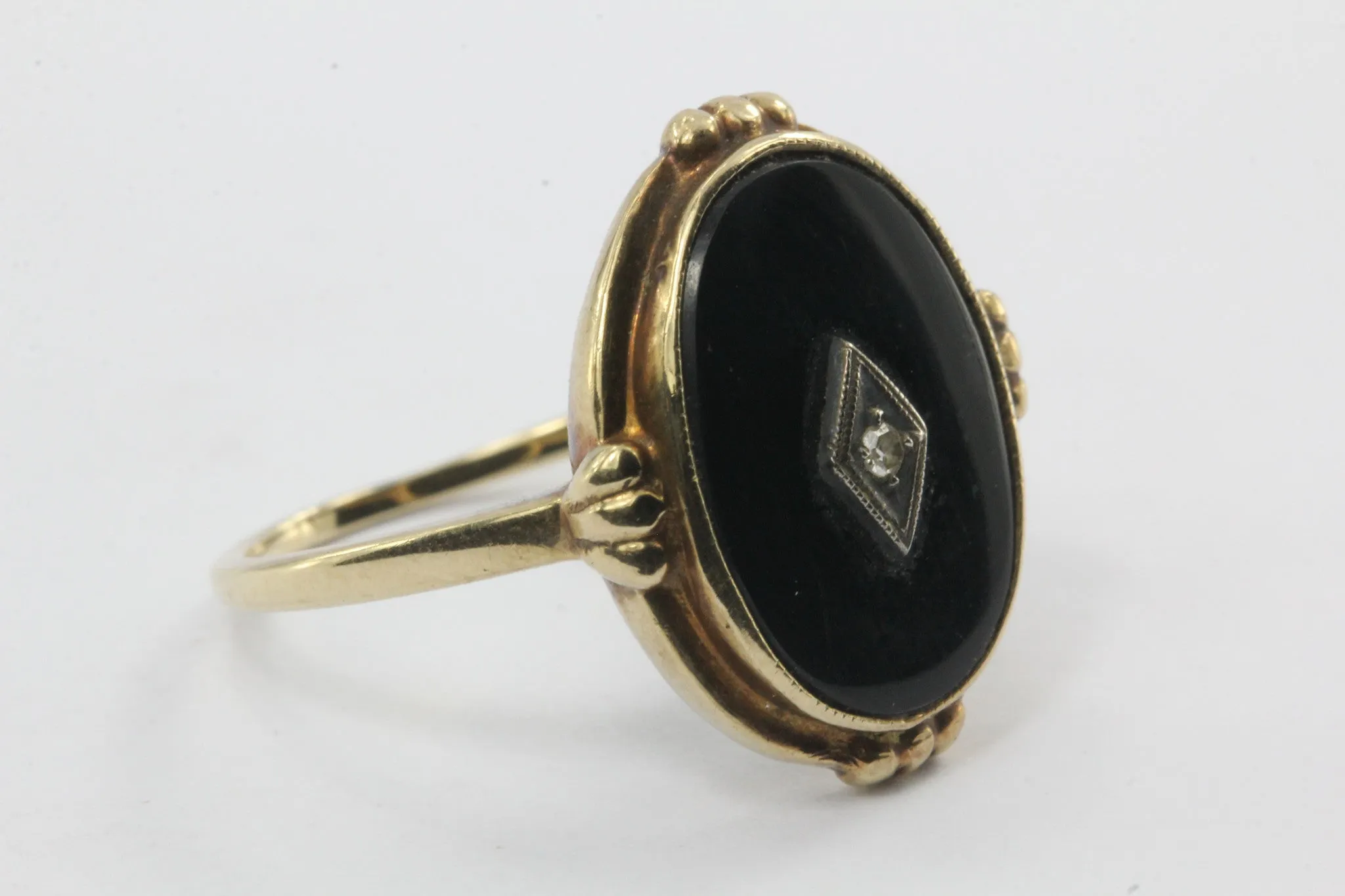 Antique Art Deco 10K Gold Onyx & Single Cut Diamond Ring by Star Ring Co