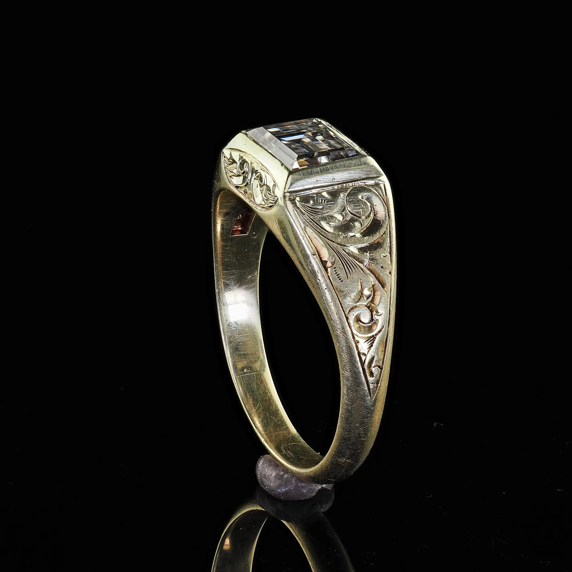 Antique Art Deco 14K Green Gold Carre Step Cut Diamond Engagement Ring - GIA