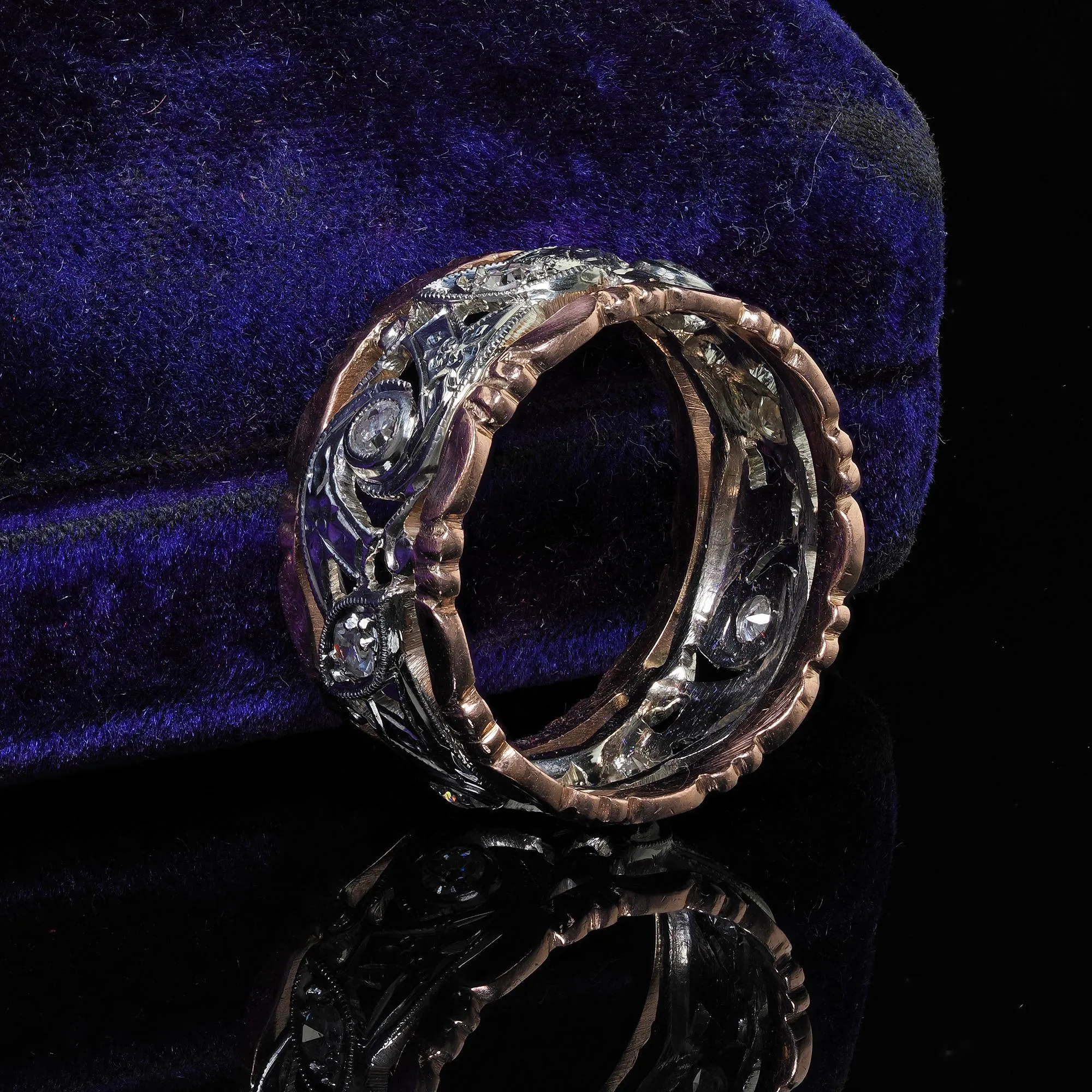 Antique Art Deco 14K Rose and White Gold Single Cut Diamond Wide Wedding Band