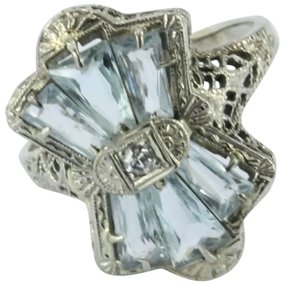Antique Art Deco 14K White Gold Diamond & Aquamarine Fan Ring