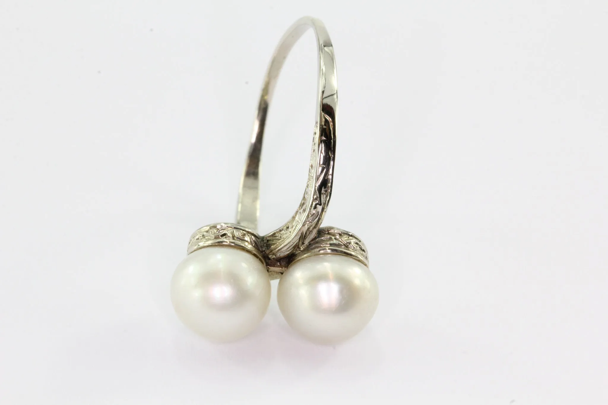 Antique Art Deco 14K White Gold Double Pearl Engagement Ring Size 7.25