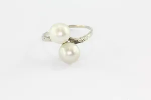 Antique Art Deco 14K White Gold Double Pearl Engagement Ring Size 7.25