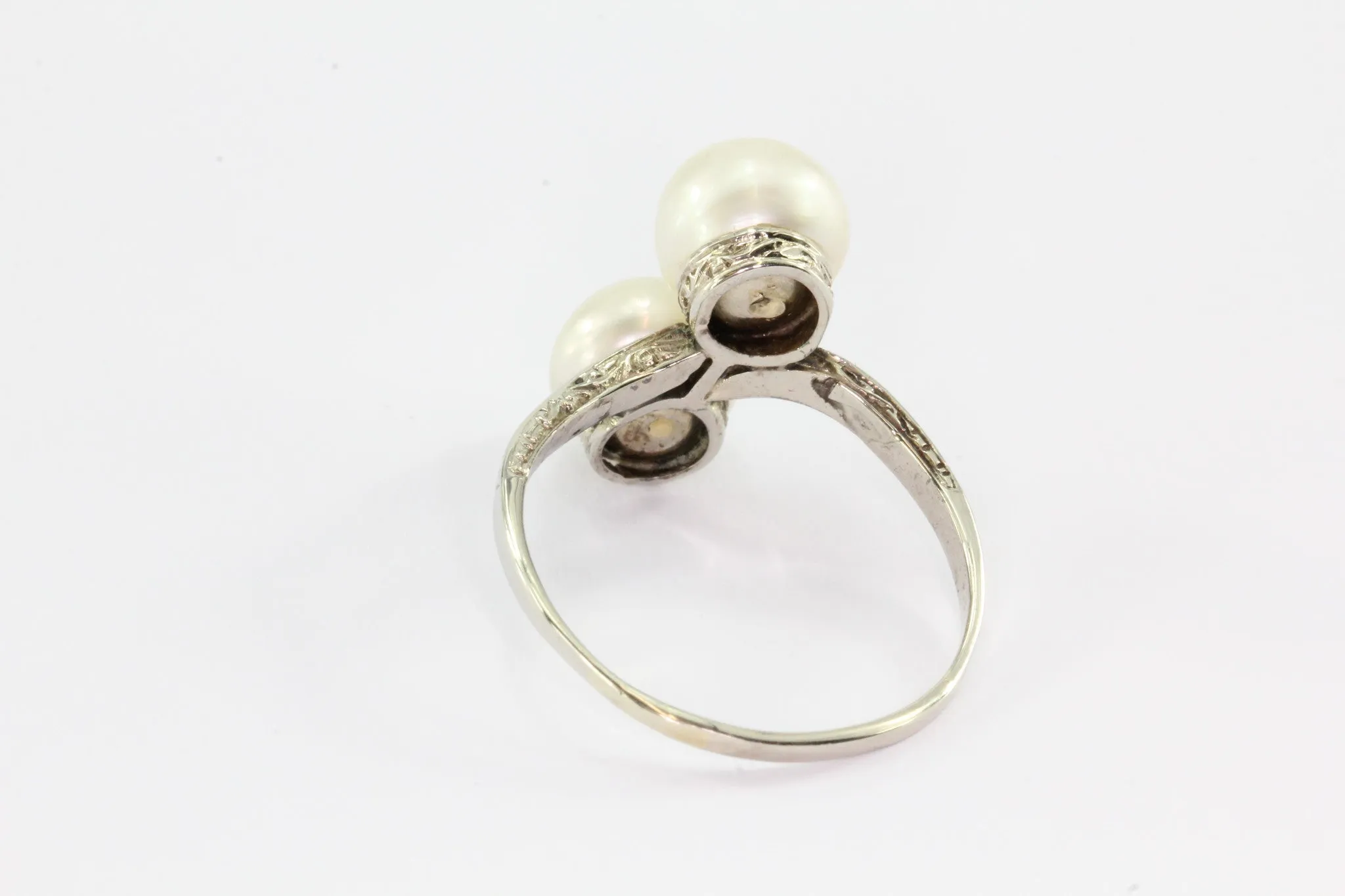 Antique Art Deco 14K White Gold Double Pearl Engagement Ring Size 7.25