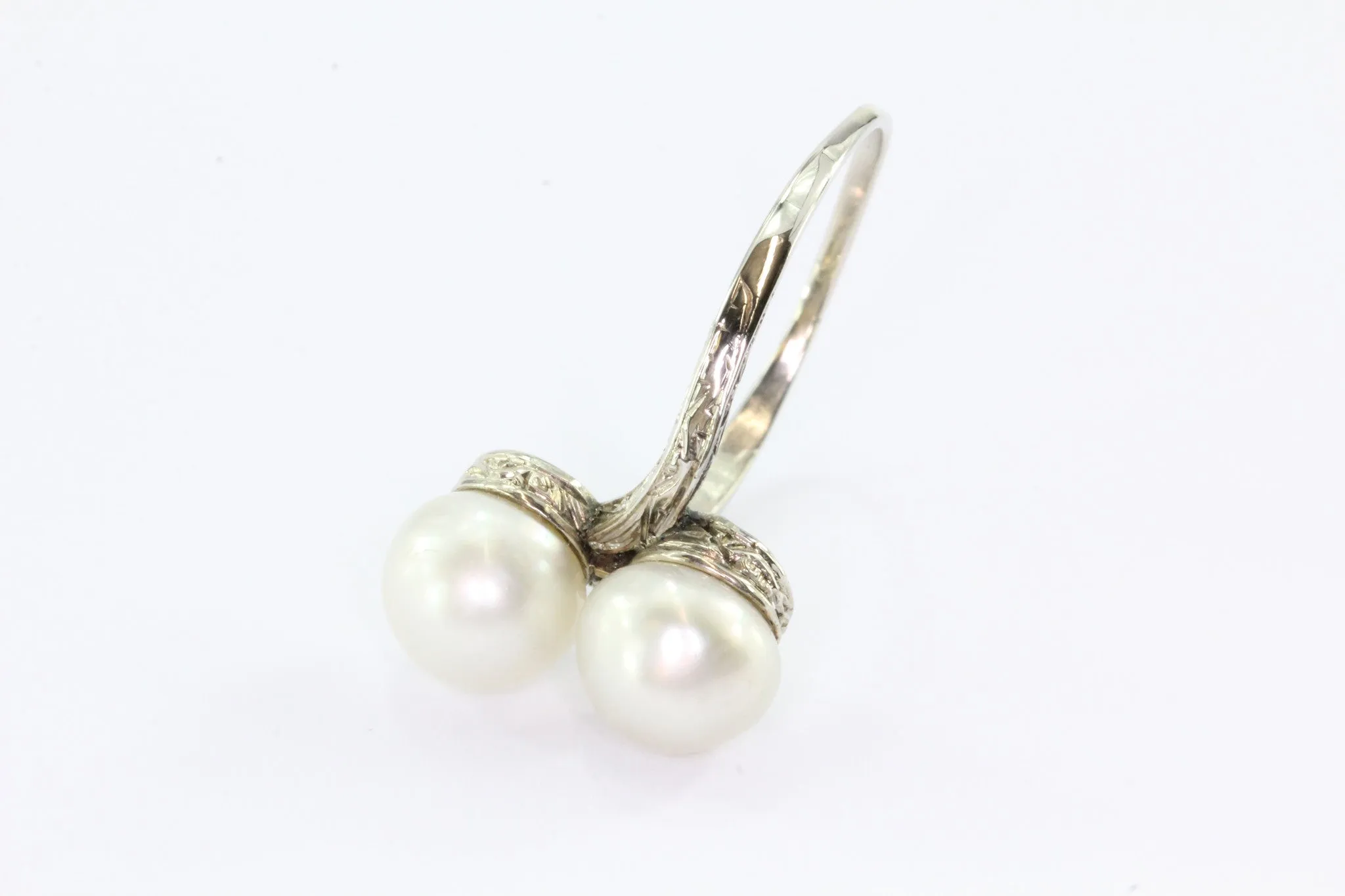 Antique Art Deco 14K White Gold Double Pearl Engagement Ring Size 7.25