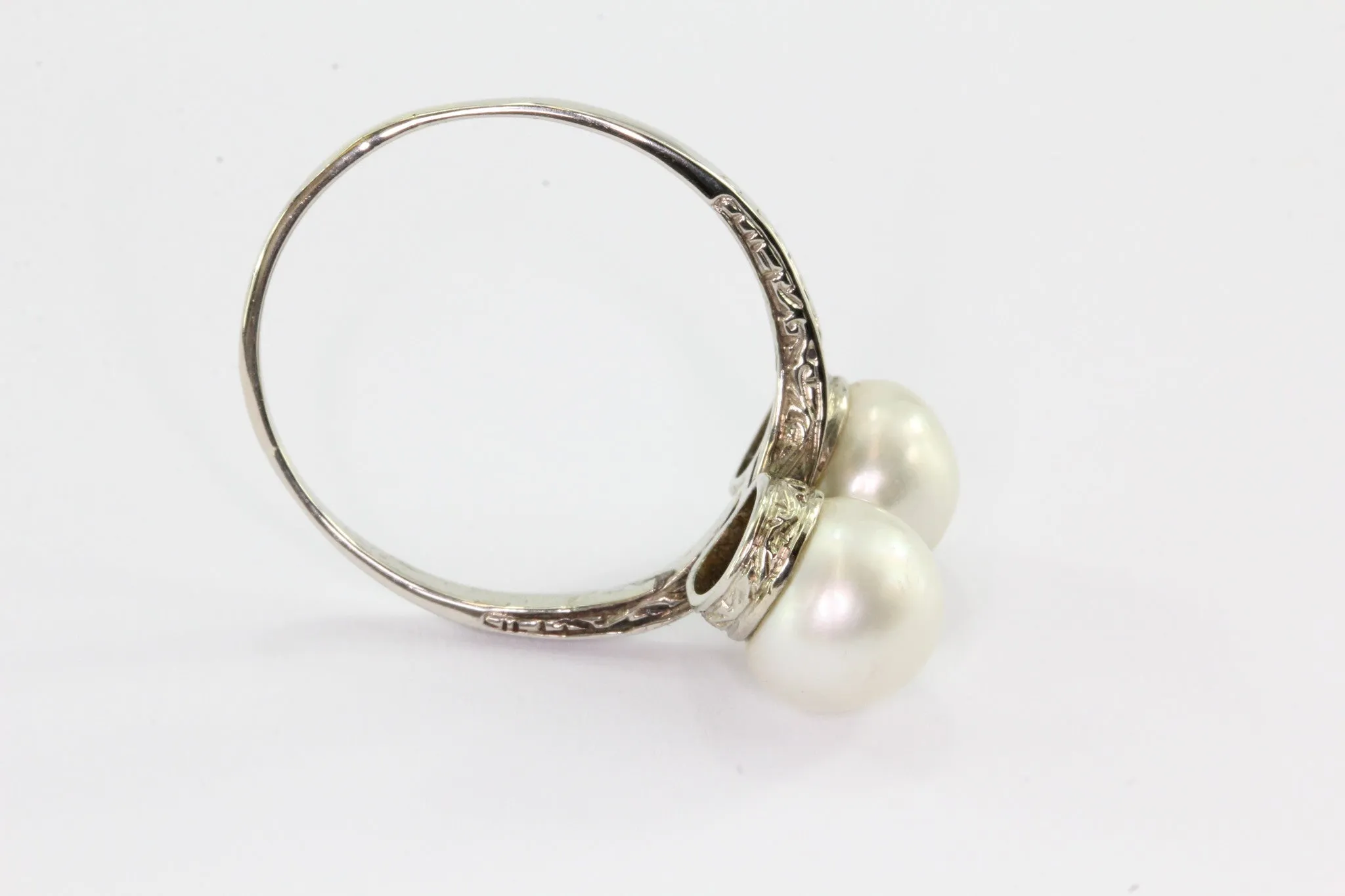 Antique Art Deco 14K White Gold Double Pearl Engagement Ring Size 7.25