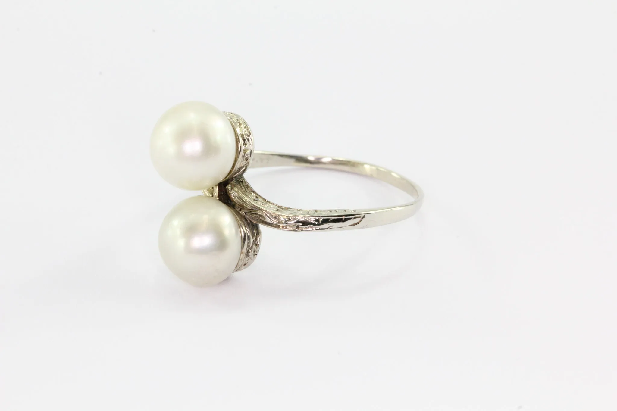 Antique Art Deco 14K White Gold Double Pearl Engagement Ring Size 7.25