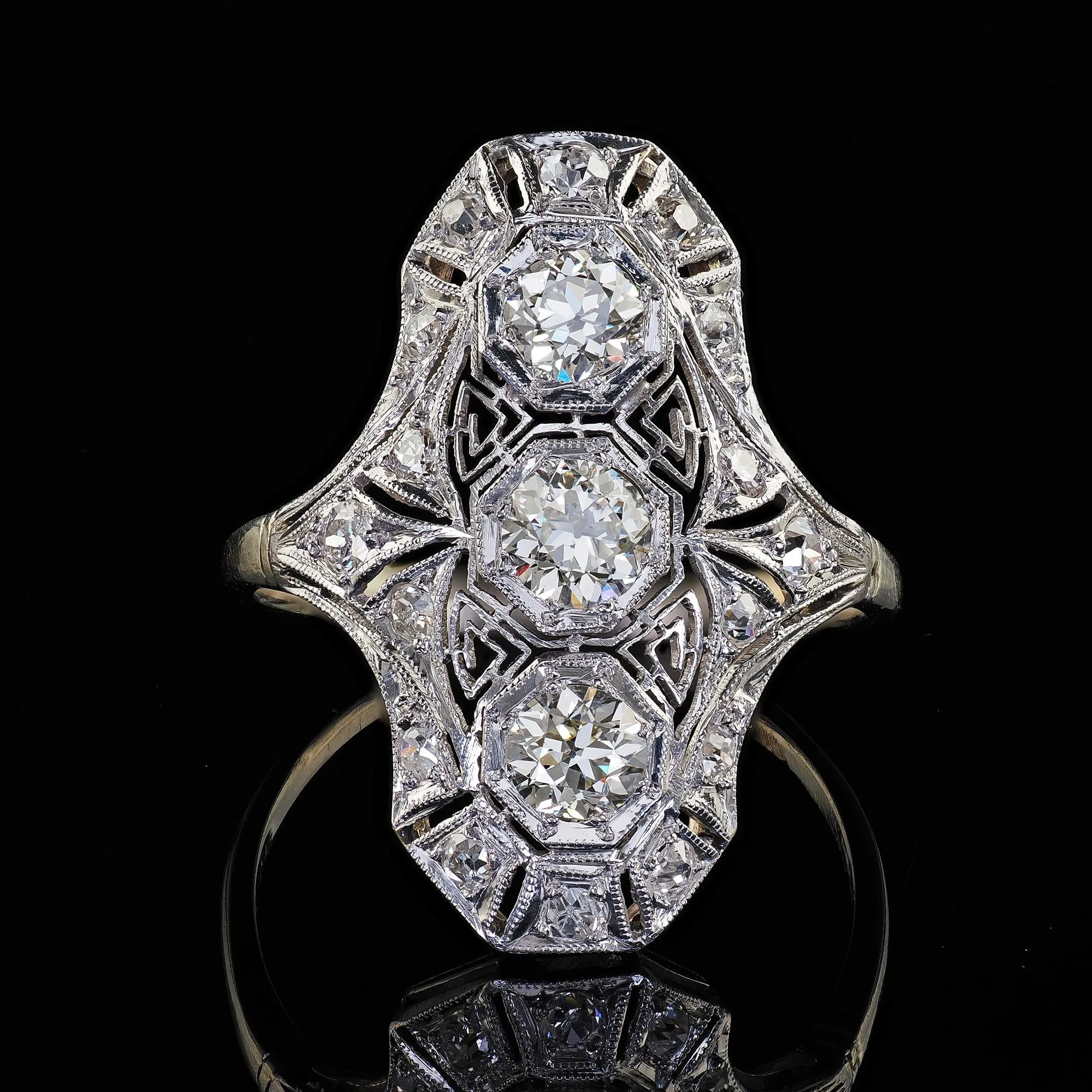 Antique Art Deco 14K White Gold Platinum Old Euro Diamond Filigree Shield Ring