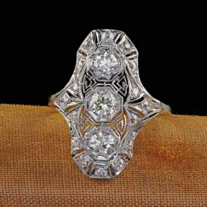 Antique Art Deco 14K White Gold Platinum Old Euro Diamond Filigree Shield Ring