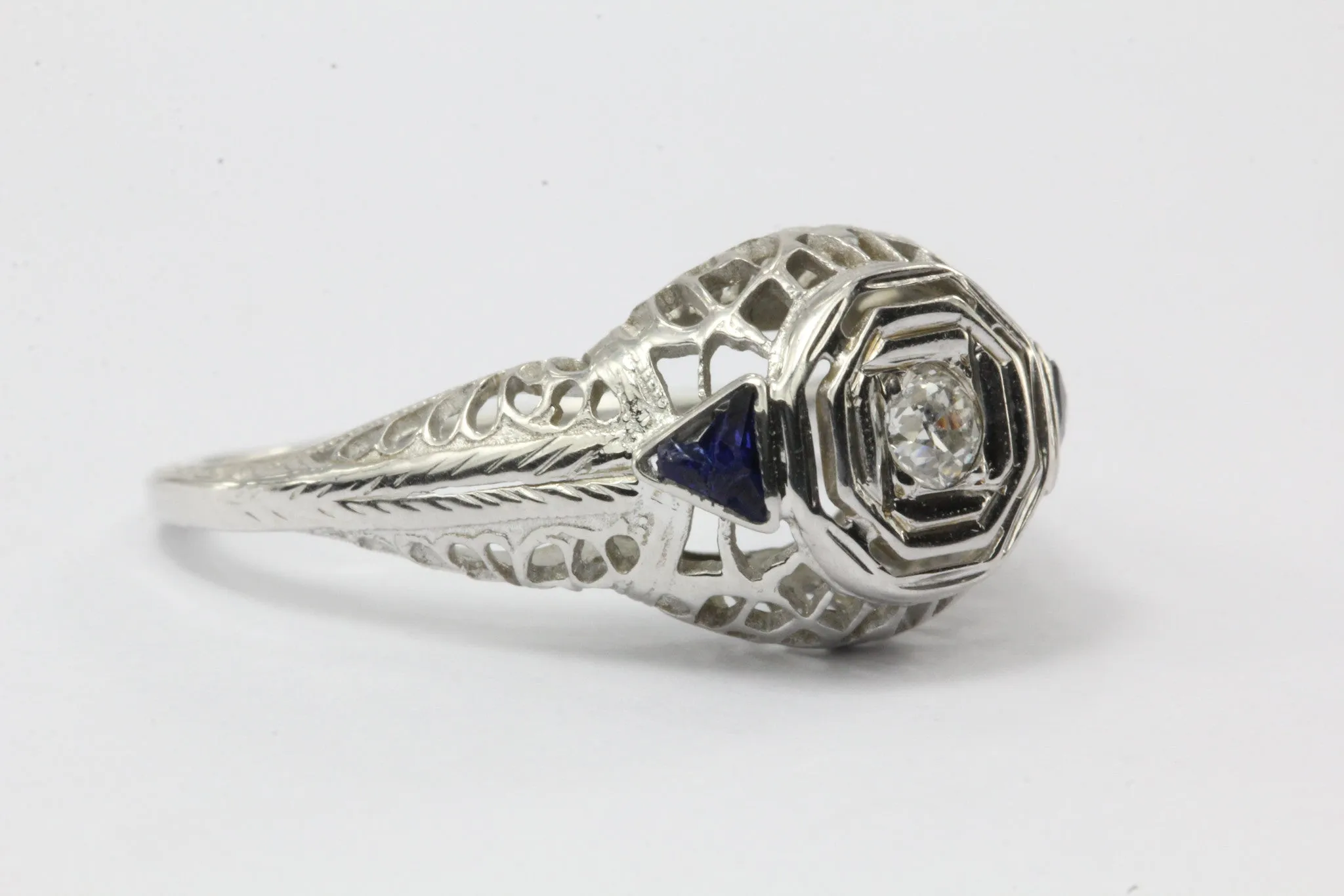 Antique Art Deco 18K White Gold Old European Diamond & Sapphire Engagement Ring