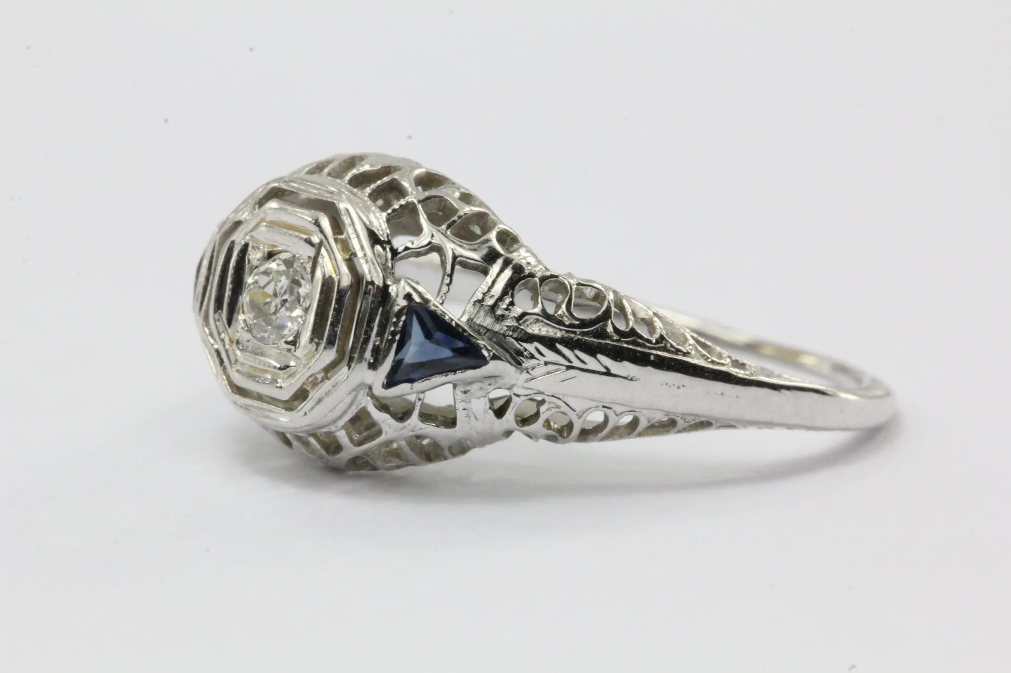 Antique Art Deco 18K White Gold Old European Diamond & Sapphire Engagement Ring