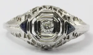 Antique Art Deco 18K White Gold Old European Diamond & Sapphire Engagement Ring