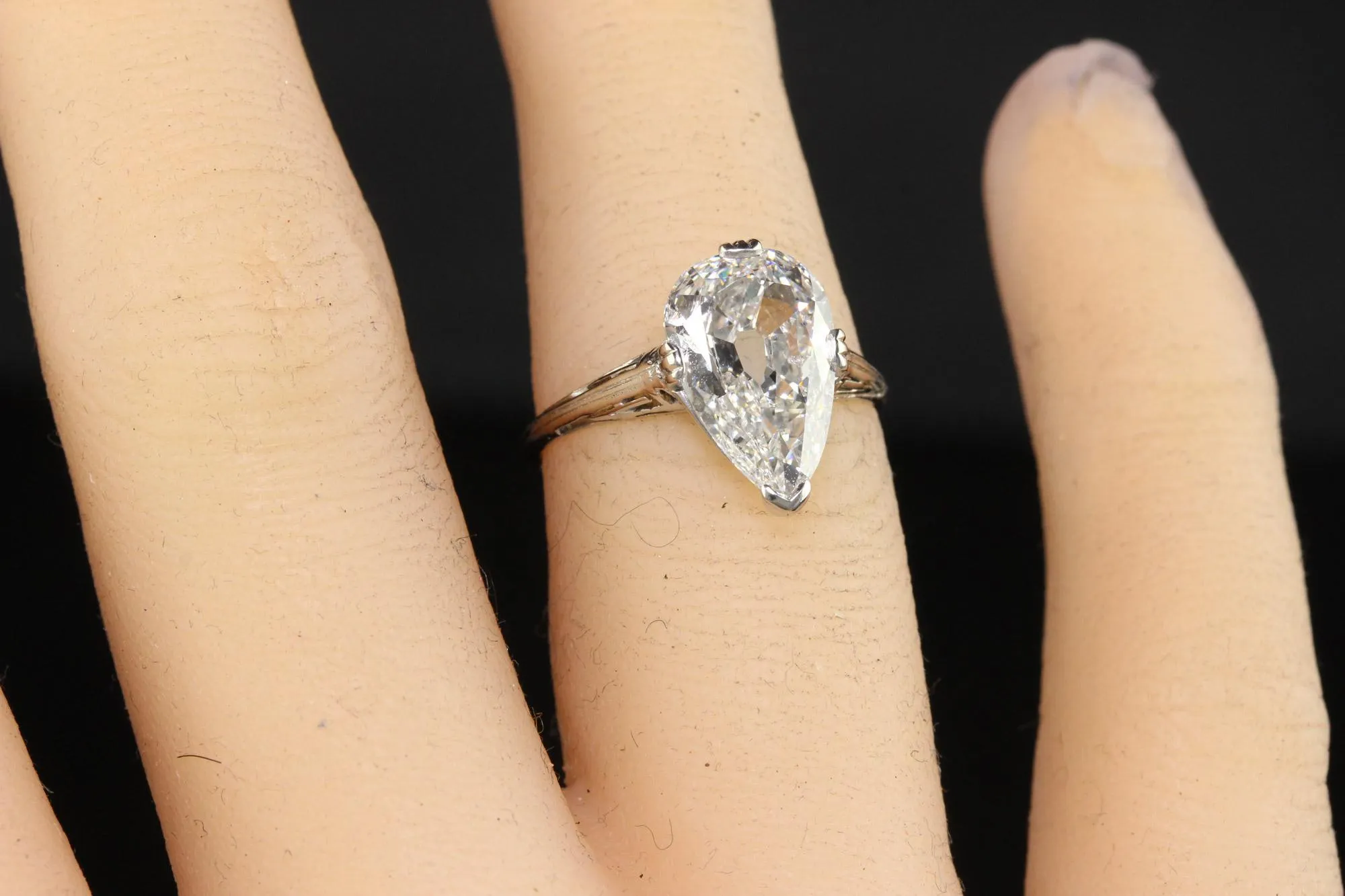 Antique Art Deco Marcus and Co Platinum Old Pear Diamond Engagement Ring - GIA