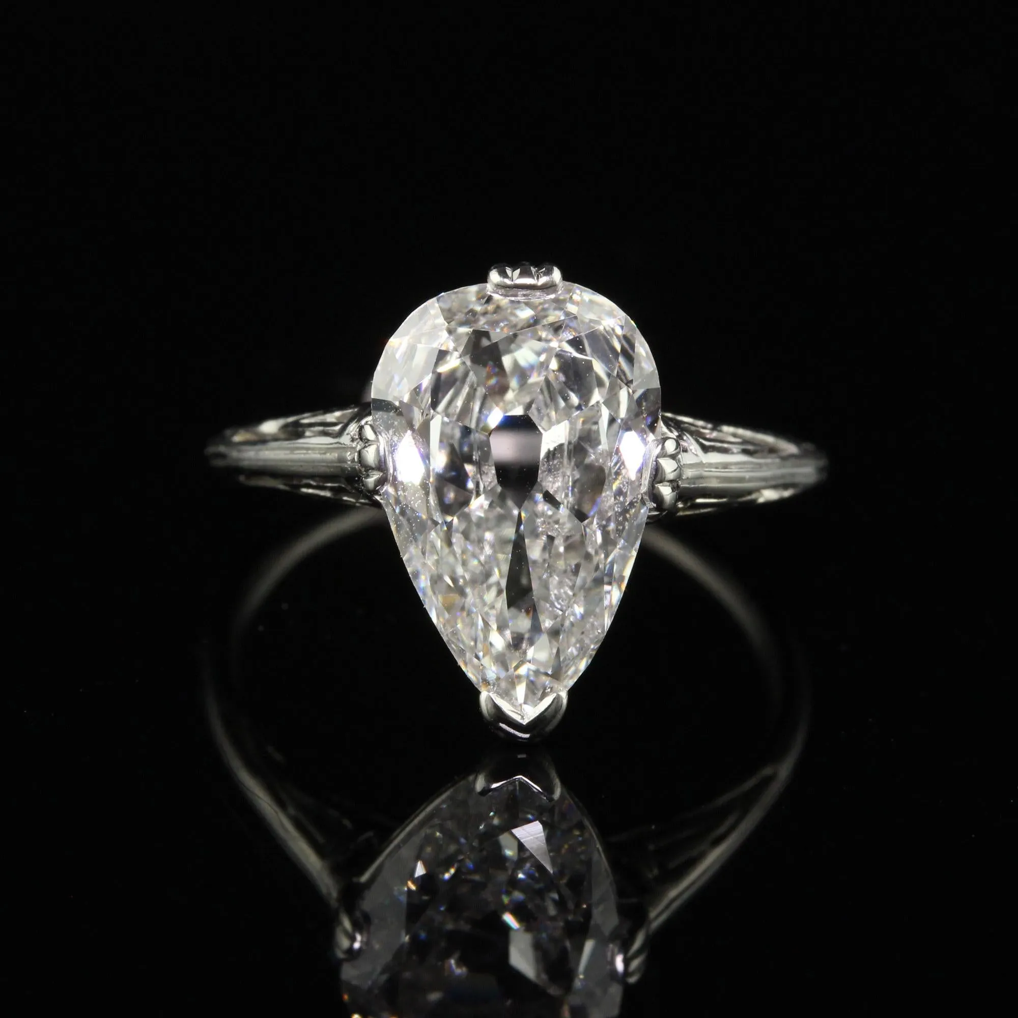 Antique Art Deco Marcus and Co Platinum Old Pear Diamond Engagement Ring - GIA