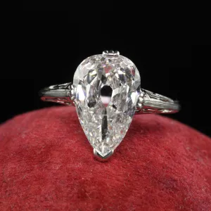 Antique Art Deco Marcus and Co Platinum Old Pear Diamond Engagement Ring - GIA