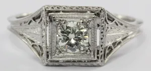 Antique Art Deco Platinum .40 Carat Transition Cut Diamond Engagement Ring
